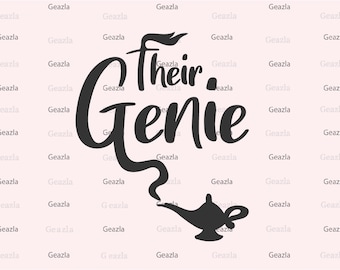 May include: Black and white graphic design with the text "Their Genie" in a stylized font. A black silhouette of a genie lamp with smoke coming out of the top is below the text.