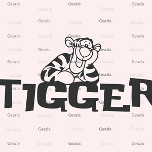 May include: Black and white illustration of a cartoon tiger with a big smile, sitting behind the word "TIGGER".