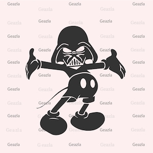 May include: Black and white illustration of a cartoon character with a Darth Vader helmet and Mickey Mouse ears and body.