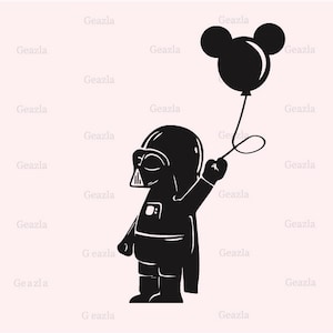May include: A black silhouette of a Darth Vader character holding a black and white Mickey Mouse balloon.