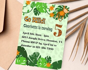 Editable Jungle Birthday Party Invitation, Jungle Invitation Canva Template, Customizable Party Invitation for Jungle Theme, Canva Template
