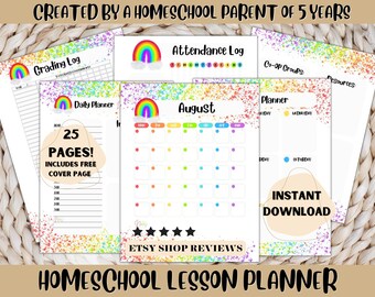 May include: A colourful homeschool lesson planner with a rainbow theme. The planner includes a grading log, attendance log, daily planner, monthly calendar, co-op groups, and resources pages. It also includes a free cover page and is available for instant download.