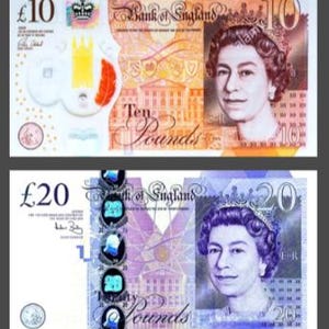 May include: A set of four British banknotes featuring Queen Elizabeth II. The banknotes are in denominations of 5, 10, 20, and 50 pounds. The banknotes are all in the same style, with a portrait of the Queen in the centre and a background image of a building or landmark. The banknotes are all in good condition.