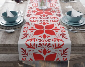 Bright Red and White Floral Holiday Table Runner, Christmas Table Runner, Long Table Runner, Cotton Table Runner (Cotton, Poly) 16"x90"