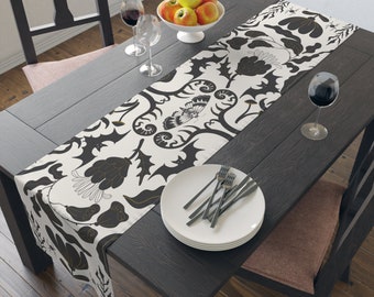 Vintage Inspired Halloween Garden Table Runner, Dark Gray/Pale Silver/Yellow, Cotton or Polyester, 16"x90" or 16"x72, FALL