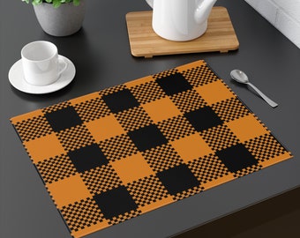 Black and Orange Plaid Placemat, Fall Decor, Halloween Placemat, Thanksgiving Placemat, 18"x24", FALL