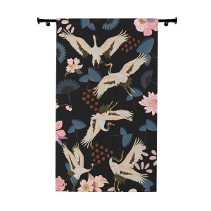Playful Cranes on Floral and Black Background (A) Window Curtains (1 Piece), Rod Pocket, 50&quot; × 84&quot;