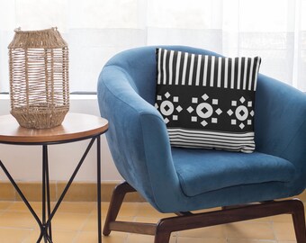 Black and White Geometric Stripes and Flowers Throw Pillow, Cushion, Sofa Pillow, Decorative Pillow, Room Decor 18"x18"