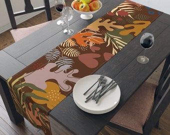 Abstract Fall Leaves on Brown Table Runner, Dining Room Decor, Fall, Autumn, Table Runner (Cotton, Poly) 16"x72", FALL