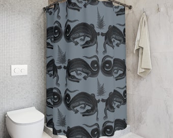 Vintage Alligator Sketch Shower Curtain, Vintage Animal Drawing, Black and Blue Shower Curtain, 100% Polyester Shower Curtain, 71"W × 74"H