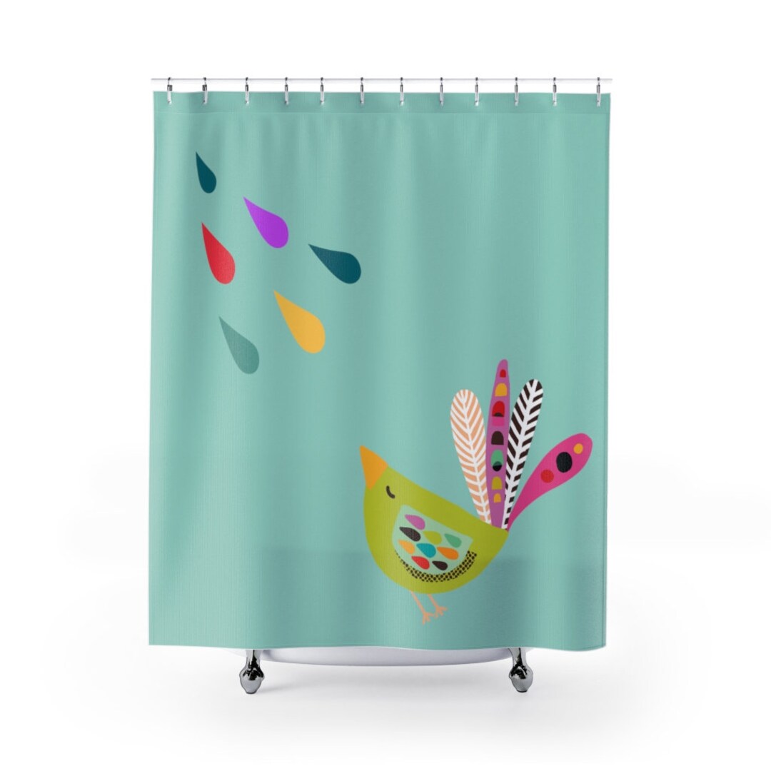Bird Bath Fun, Teal Shower Curtain, Bird Shower Curtain, Bathroom Decor