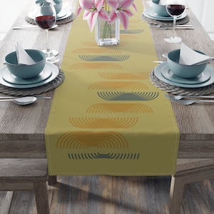 Geometric MCM Table Runner, Orange and Blue on Green Background, Mid Century Modern, Dining Room, Table Runner (Cotton, Poly) 16&quot;x72&quot;
