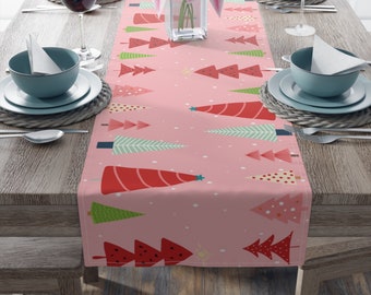 Pink Whimsical Christmas Tree Table Runner,  Cute Holiday Table Runner, Cotton or Polyester, 16"x72" or 16"x90", WINTER