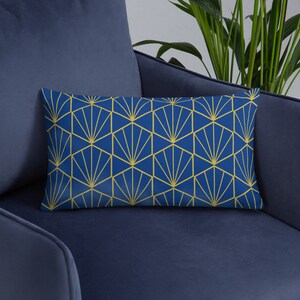 Geometric Blue and Yellow Throw Pillow, Lumbar Pillow, Art Deco 20" x 12"