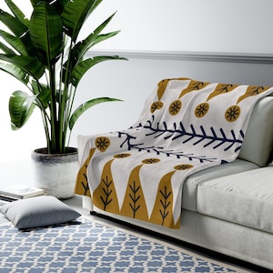 Scandinavian-Inspired Geometric Throw Blanket, Beige Gold & Black, Mid-Century Modern, Velveteen Plush Blanket, 100% Polyester, 50&quot;x60&quot;
