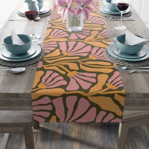 Abstract Retro Floral Green/Blue/Yellow Table Runner, Mid Century Modern Table Runner, Cotton Twill or Polyester, 16&quot;x72&quot; or 16&quot;x90&quot;