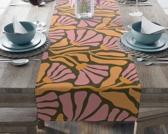 Abstract Retro Floral Green/Blue/Yellow Table Runner, Mid Century Modern Table Runner, Cotton Twill or Polyester, 16"x72" or 16"x90"