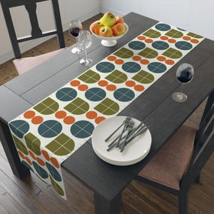 Retro Table Runner,1960s Inspired Table Runner, Geometric Shapes, Blue/Orange/Green, Cotton or Polyester, 16&quot;x90&quot; or 16&quot;x72