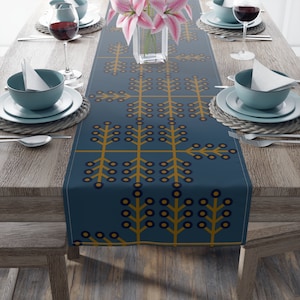 Mid Century Modern Inspired Christmas Tree Table Runner, Geometric Tree Design, Blue and Gold/Mustard, WINTER, 16&quot;x72&quot; or 16&quot;x90&quot;