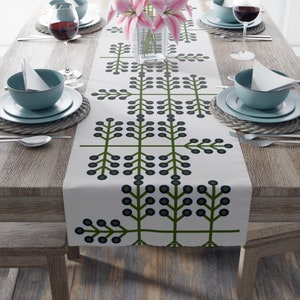 Mid Century Modern Inspired Christmas Tree Table Runner, Geometric Tree Design, Green & Blue on White, WINTER. 16&quot;x72&quot; or 16&quot;x90&quot;