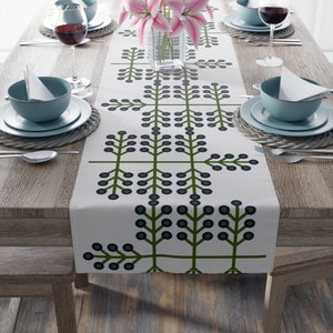 Mid Century Modern Inspired Christmas Tree Table Runner, Geometric Tree Design, Green & Blue on White, WINTER. 16"x72" or 16"x90"