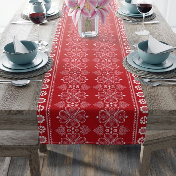 Nordic Inspired Valentine Table Runner, White and Red,  Scandinavian Table Runner, Cotton Twill or Polyester, 16"x72"