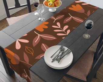 Orange and Pink Floral Pattern on Brown Table Runner, Thanksgiving Table Runner, Fall Decor (Cotton, Poly) 16"x72", FALL