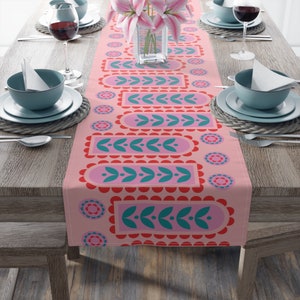 Folk-Inspired Table Runner, Pink/Blue/Red, Christmas Table Runner, Cheerful Decor, WINTER, Cotton or Polyester, 16&quot;x72&quot; or 16&quot;x90&quot;