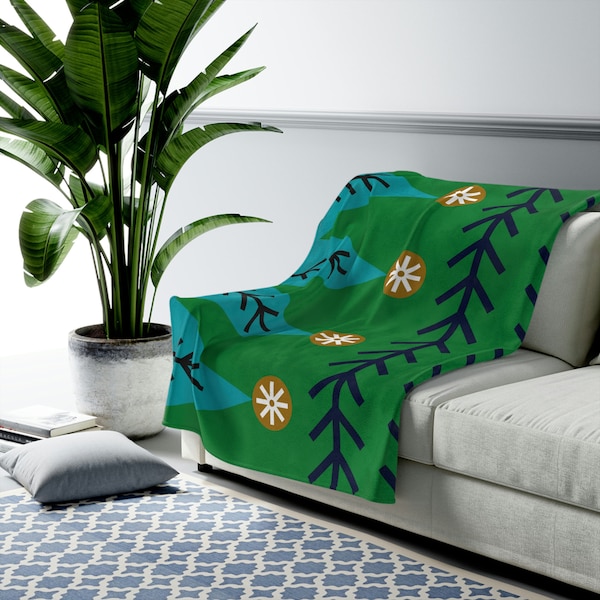 Scandinavian-Inspired Geometric Throw Blanket, Green Blue & White, Mid-Century Modern, Velveteen Plush Blanket, 100% Polyester