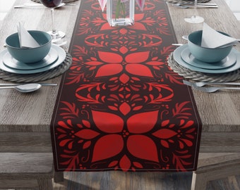Bright Red and Dark Brown/Chocolate Floral Holiday Table Runner, Christmas Table Runner, WINTER, 16"x72" or 16"x90"
