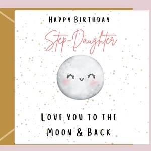 verjaardag stiefdochter - ik hou van jou tot de maan en terug - gepersonaliseerd - aangepaste kaart voor dochter, moeder, familie, moeder, moeder, stijlvol