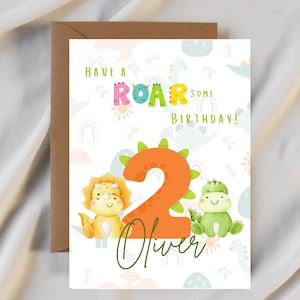 Grußkarte zum 2.Geburtstag Dinosaurier - personalisiert - Grußkarte für Familie - Freundin - Tochter - Nichte - Bruder - Sohn - cute - Art