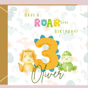 Dinosaure pour le 3e anniversaire - rugissant - personnalisé - carte personnalisée pour fille - ami - famille - fils - frère - nièce - mignon - oeuvre d'art