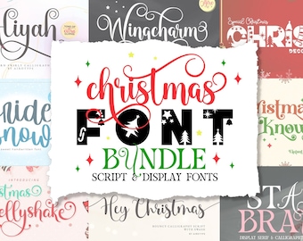 May include: A collection of Christmas font bundles featuring various script and display fonts. The fonts are displayed in a collage of colorful backgrounds with snowflakes and Christmas trees. The text includes "Christmas Font Bundle", "Script & Display Fonts", and the names of the individual fonts.