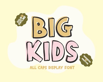May include: A digital graphic displaying the text BIG KIDS in a bold, hand-drawn style font. The word BIG is yellow and KIDS is pink, both with black outlines. Two dark olive green cloud-shaped badges contain the text SOLID & OUTLINE and PRESENTED BY AIROTYPE. The bottom text reads ALL CAPS DISPLAY FONT.