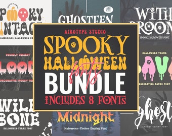 以下が含まれることがあります： 「Spooky Vintage」「Blood」「Wild Bone」「Ghosteen」「With Room」「Ava」「Midnight」「Ghost」など、8つの不気味なハロウィーンフォントのコレクション。フォントは、スクリプト、装飾、ディスプレイなど、さまざまなスタイルで表示されます。