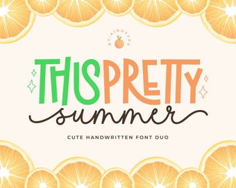 May include: A graphic design featuring the text "This Pretty Summer" in a handwritten font style. The text is in green, orange, and black. The background is a light pink with a border of orange slices.