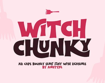 May include: A digital graphic displaying the text WITCH CHUNKY in a bold, dark maroon, bouncy serif font. Above the text is a small maroon broom icon. Below, the text reads ALL CAPS BOUNCY SERIF FONT WITH LIGATURES BY AIROTYPE in smaller font.