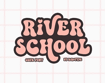 May include: A pink and black font design with the text "River School" in a retro style. The text "Cute Font" and "By Airotype" are also included in the image.