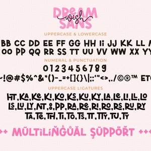 May include: A font alphabet chart with uppercase and lowercase letters, numbers, punctuation marks, and ligatures. The font is a playful, handwritten style with a pink and white background.
