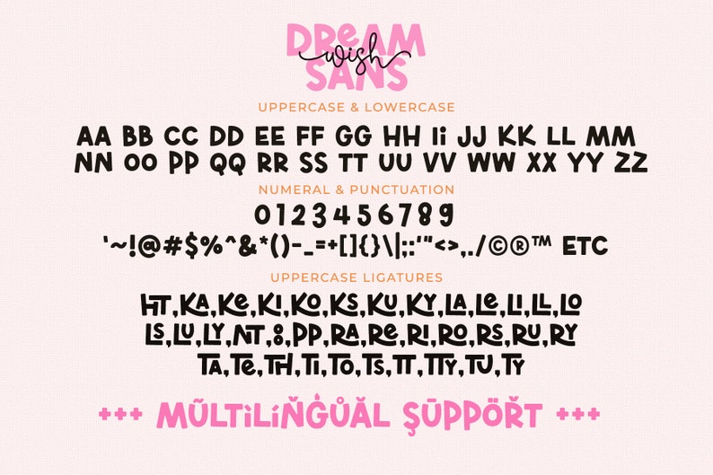 May include: A font alphabet chart with uppercase and lowercase letters, numbers, punctuation marks, and ligatures. The font is a playful, handwritten style with a pink and white background.