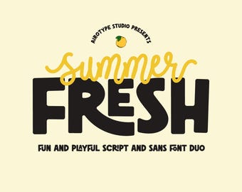 May include: A graphic design featuring the words "Summer Fresh" in yellow script and black sans-serif font. The text is set against a light yellow background, with the phrase "Fun and Playful Script and Sans Font Duo" below. A lemon illustration is at the top.