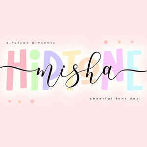 Può includere: Un duo di font colorato chiamato "HipTone Misha" con uno slogan di duo di font allegro. Il font è un mix di stili a blocchi e di scrittura.