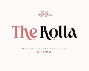 May include: The Rollah font logo in black and pink with a small pink floral design above the text. The text below reads "MODERN ELEGANT SERIF FONT By Airotype".