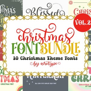 May include: A digital graphic displaying a Christmas font bundle with ten distinct typefaces. The central text reads Christmas Font Bundle, 10 Christmas Theme Fonts by airotype, with a red circular badge labeled Vol. 2.