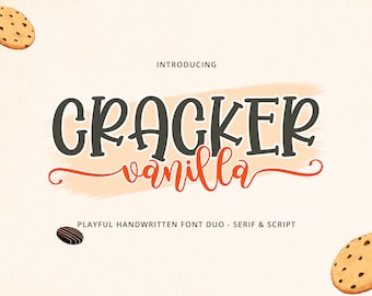 May include: Introducing Cracker Vanilla, a playful handwritten font duo featuring a serif and script style. The font name is displayed in a stylized, hand-drawn design with a brown and orange color scheme.