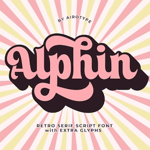 Puede incluir: Una fuente de script serif retro de color rosa y negro llamada "Aphin" con el texto "BY AIROTYPE" y "RETRO SERIF SCRIPT FONT with EXTRA GLYPHS" sobre un fondo a rayas amarillo y rosa.