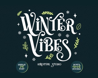 May include: White text on a dark blue background reads "Winter Vibes" in a decorative script font. The text is surrounded by small white snowflakes, green leaves, and stars.