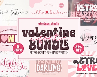 May include: A Valentine's Day font bundle featuring eight different fonts in a variety of styles, including retro, script, fun, and handwritten. The fonts are displayed in pink, white, and black with hearts and other Valentine's Day-themed elements.