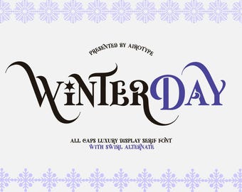 以下が含まれることがあります： 文字「WINTER DAY」がスタイリッシュなセリフ体で描かれたデジタルグラフィック。Iの文字には星のアクセントがあり、WINTERは黒、DAYは紫で表示されています。周囲には「PRESENTED BY AIROTYPE」や「ALL CAPS LUXURY DISPLAY SERIF FONT WITH SWIRL ALTERNATE」というテキストと、薄紫色の雪の結晶のボーダーが配置されています。